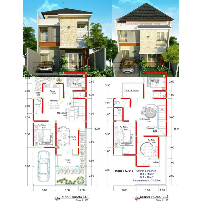 Desain rumah ukuran 7x15 3 kamar